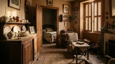 Salon de maison de famille resté meublé, rayons de soleil