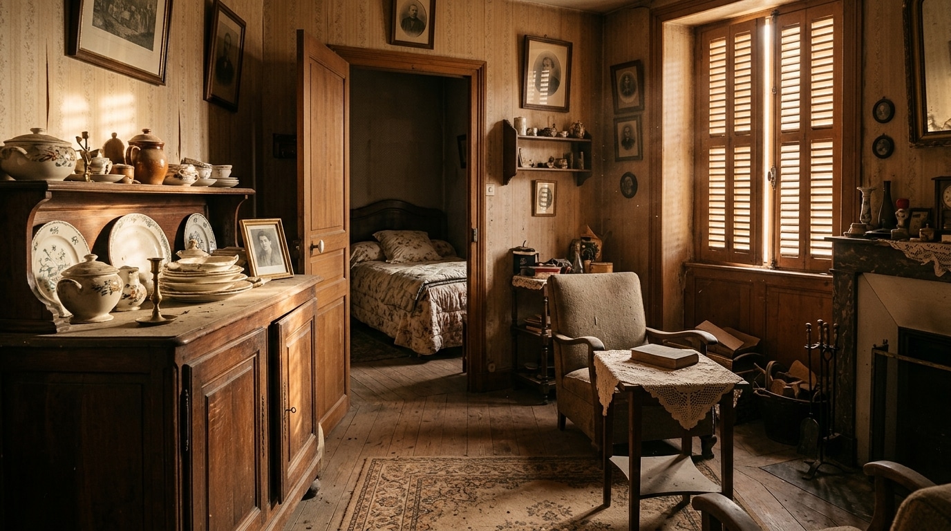 Salon de maison de famille resté meublé, rayons de soleil