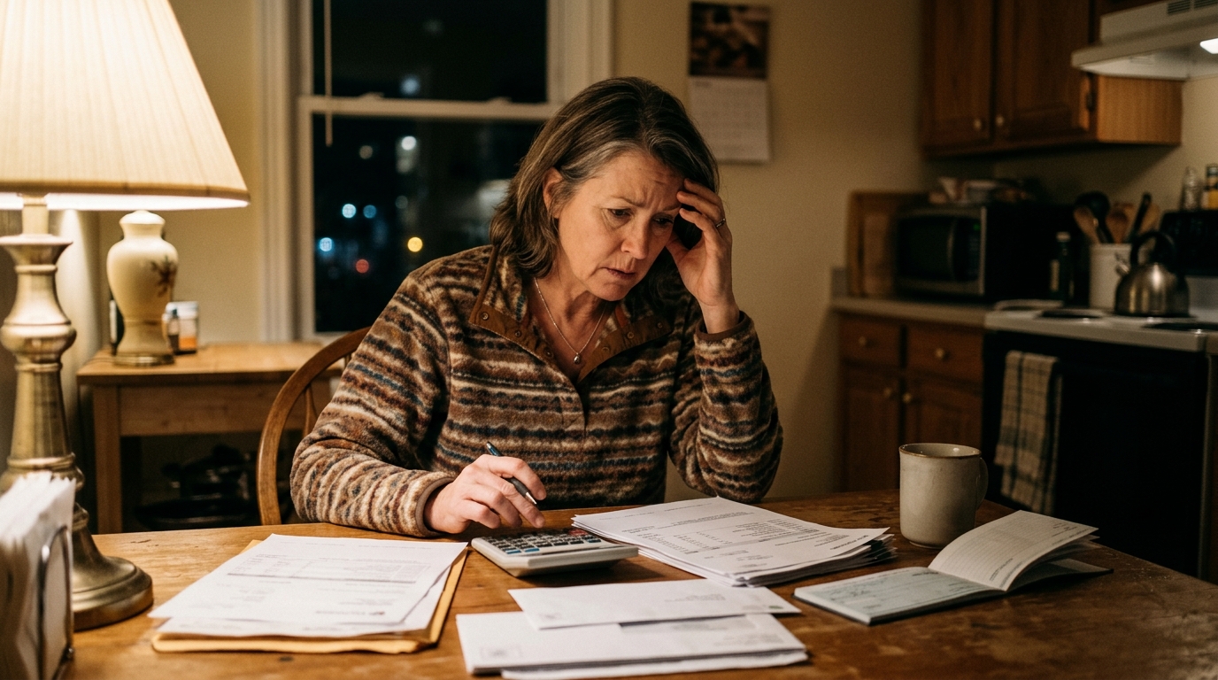 Femme inquiète face aux factures de maison de retraite