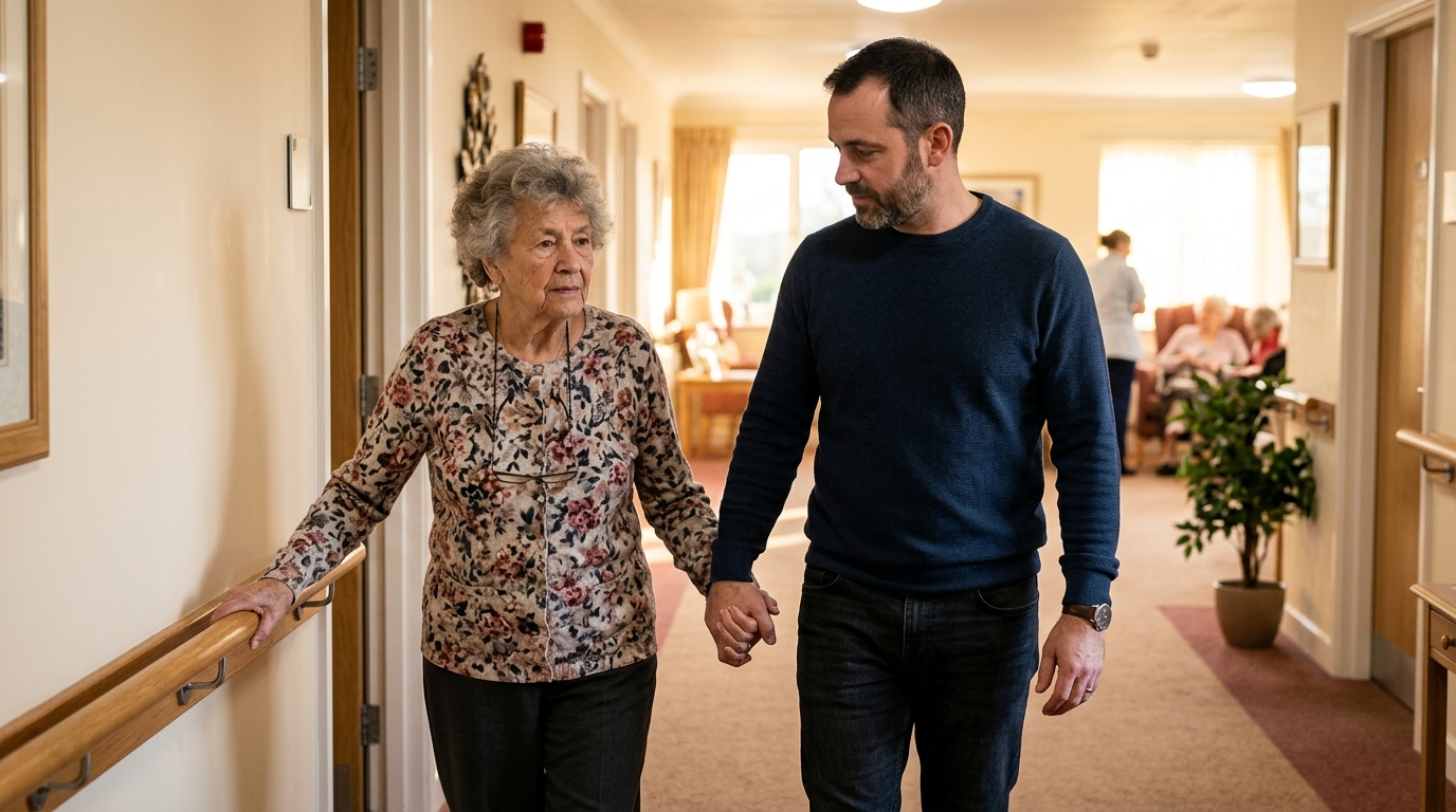 Fils tenant la main de sa mère en maison de retraite