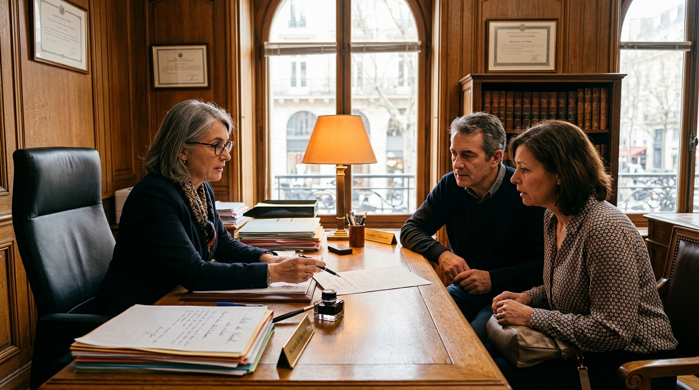 Notaire expliquant un dossier à un couple inquiet
