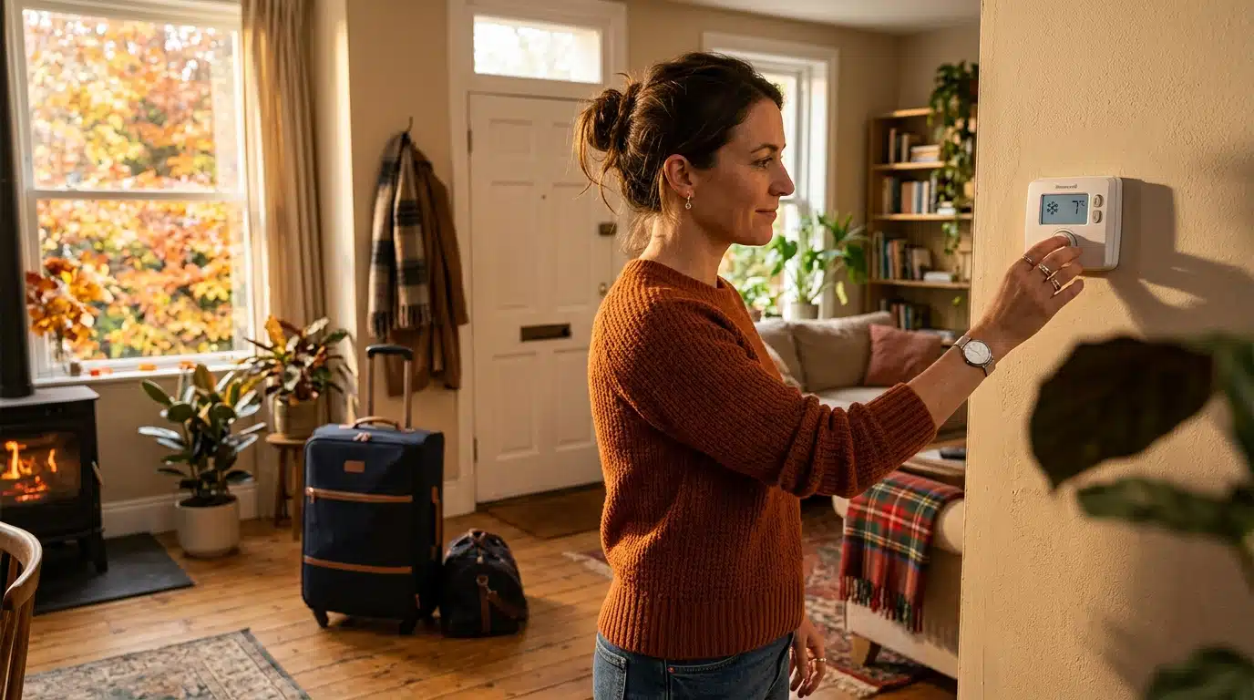 Femme réglant le thermostat en mode hors gel avant de partir