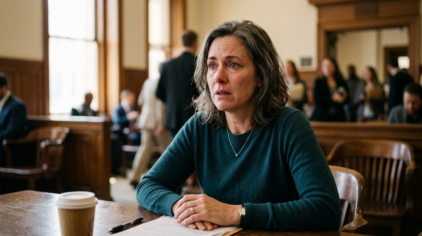 Femme stupéfaite assise à une table devant un tribunal flou