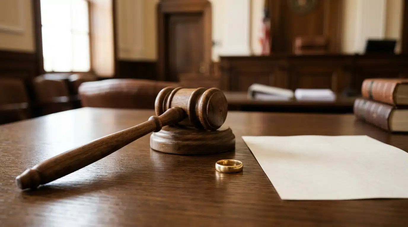 Marteau de juge posé près d'une alliance dorée