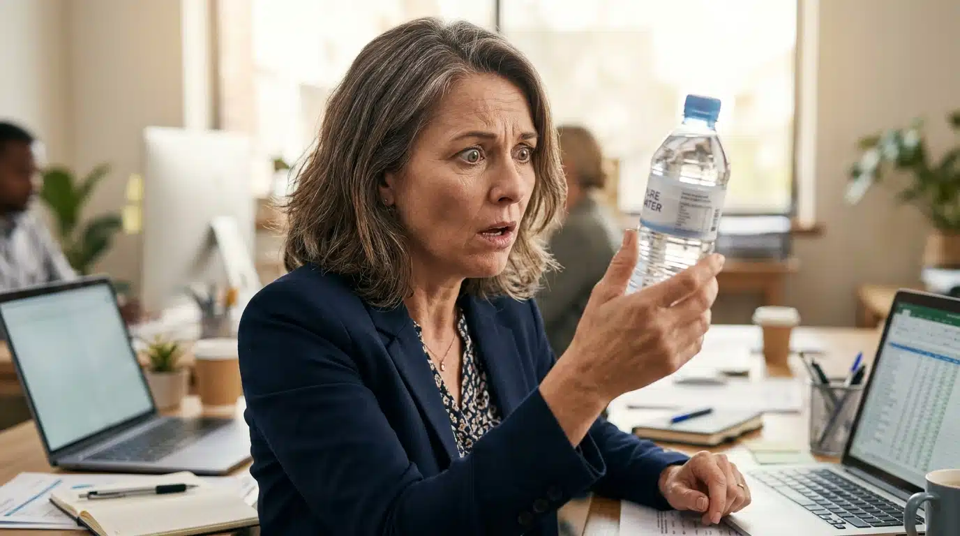 Femme sidérée regardant une bouteille d'eau au bureau