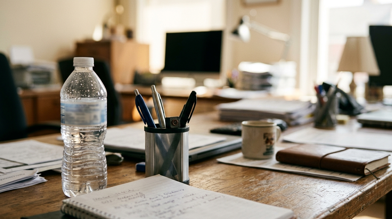 Mini caméra cachée parmi des stylos sur un bureau