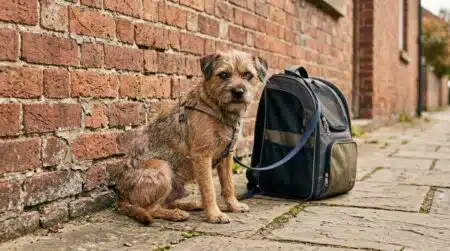 Chienne affaiblie gardant un sac contre un mur de briques