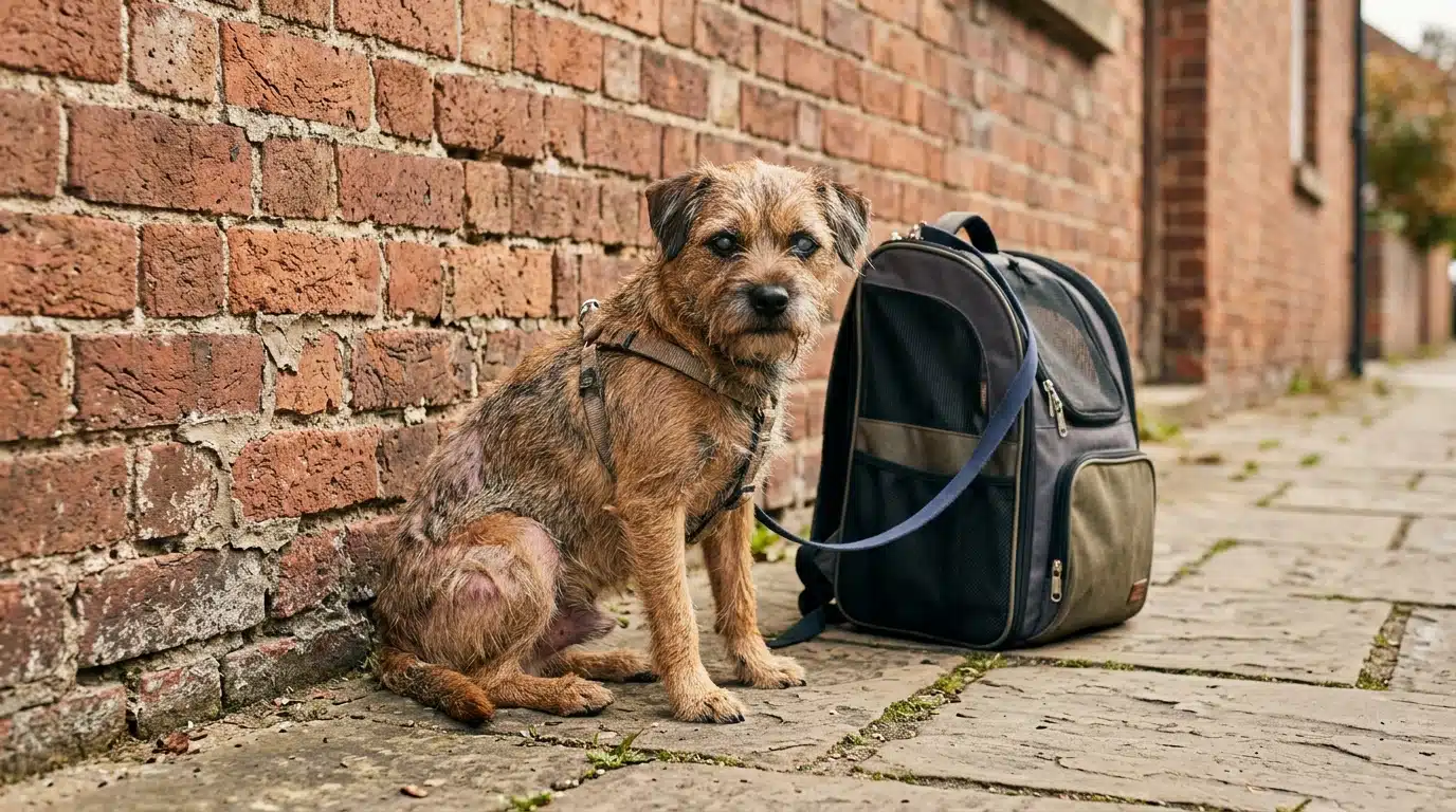 Chienne affaiblie gardant un sac contre un mur de briques