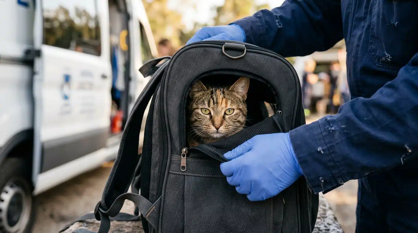 Mains gantées ouvrant un sac de transport où un chat regarde