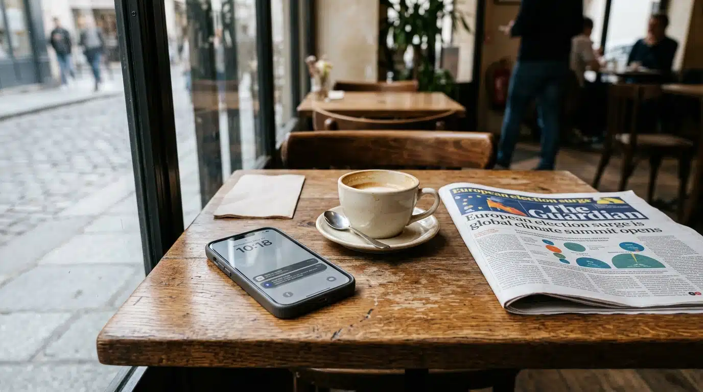 Smartphone posé sur une table de café à côté d'une tasse et d'un journal