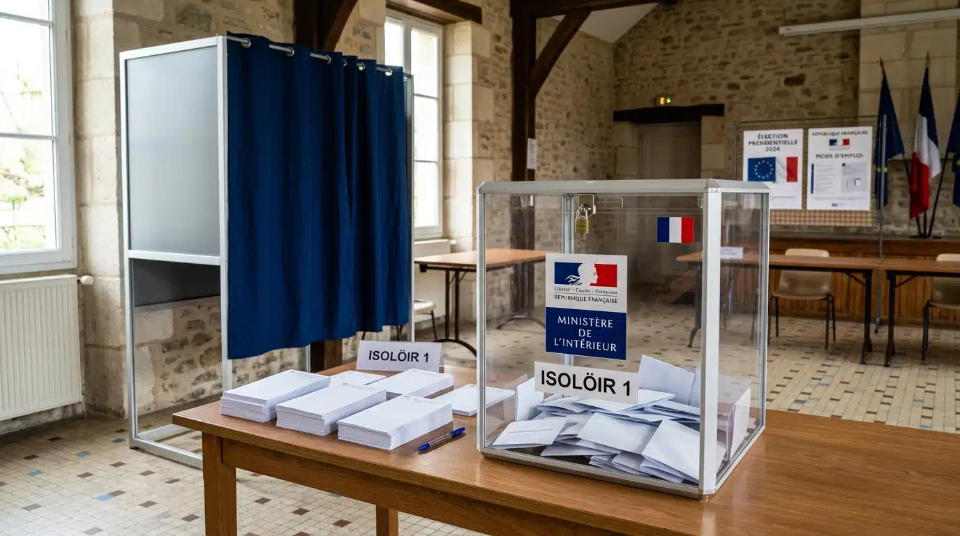 Urne transparente et isoloir vide dans un bureau de vote