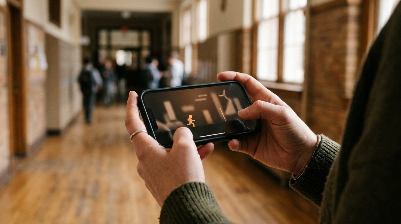 Mains tenant un smartphone affichant un jeu de course flou