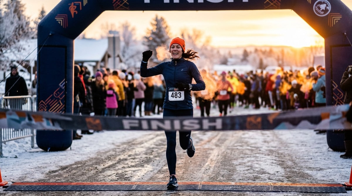 Marathonien franchissant la ligne d'arrivée dans le froid