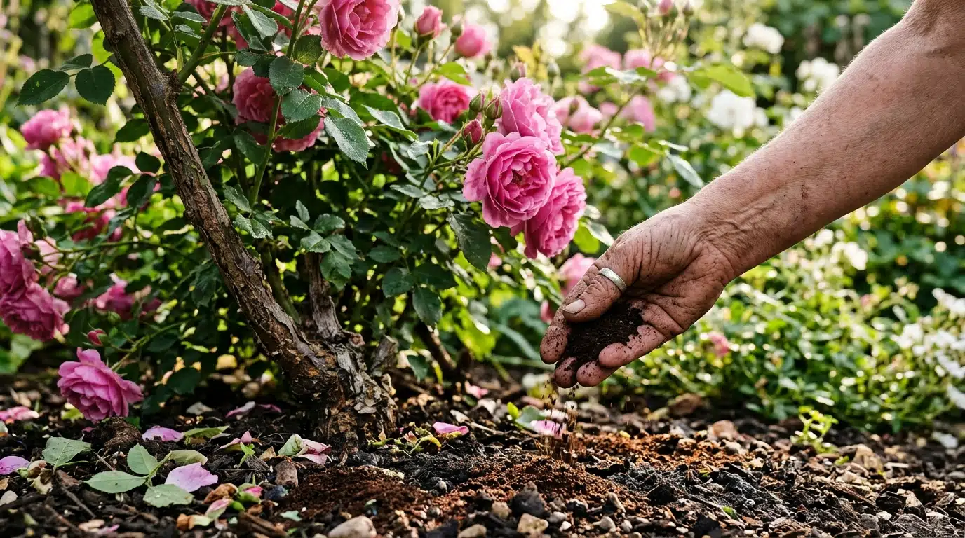 Main saupoudrant du marc de café au pied d'un rosier