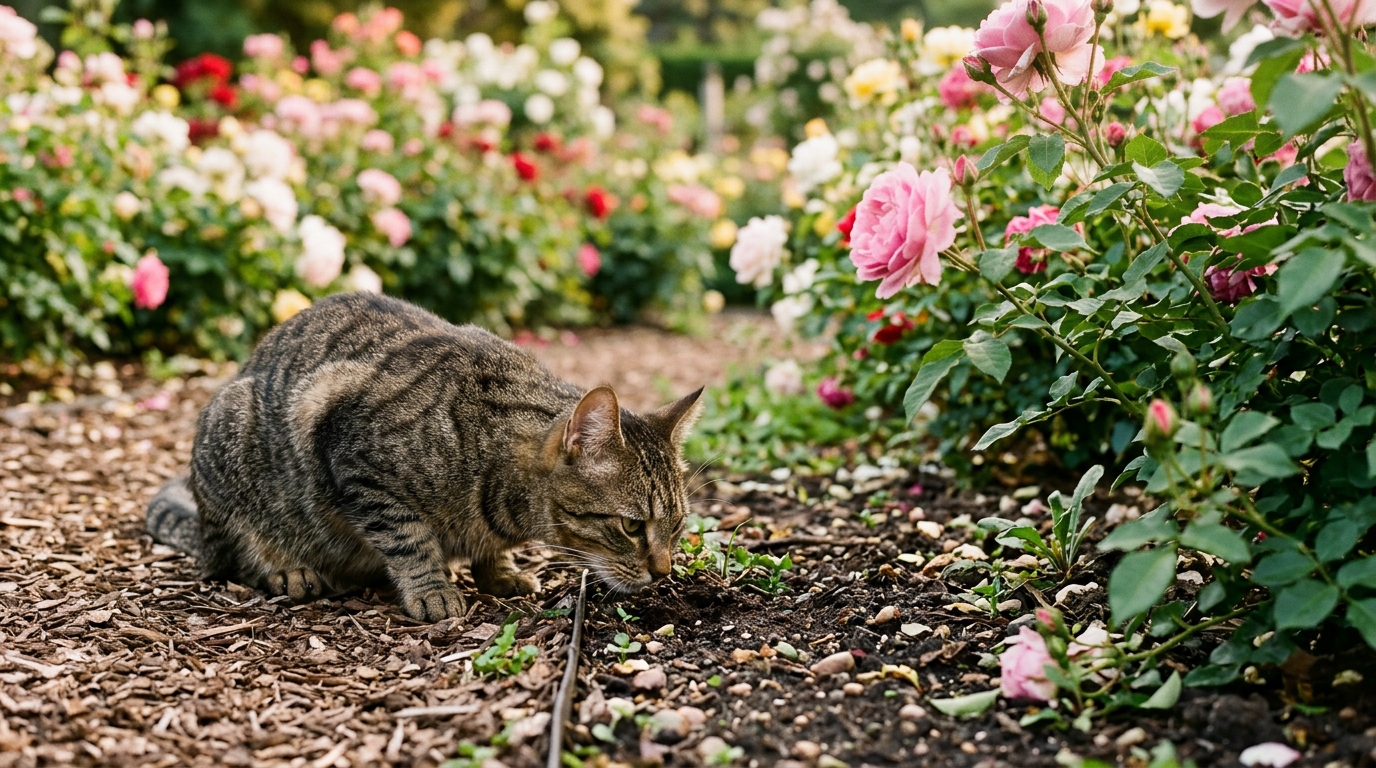 Chat curieux près d'un massif de rosiers