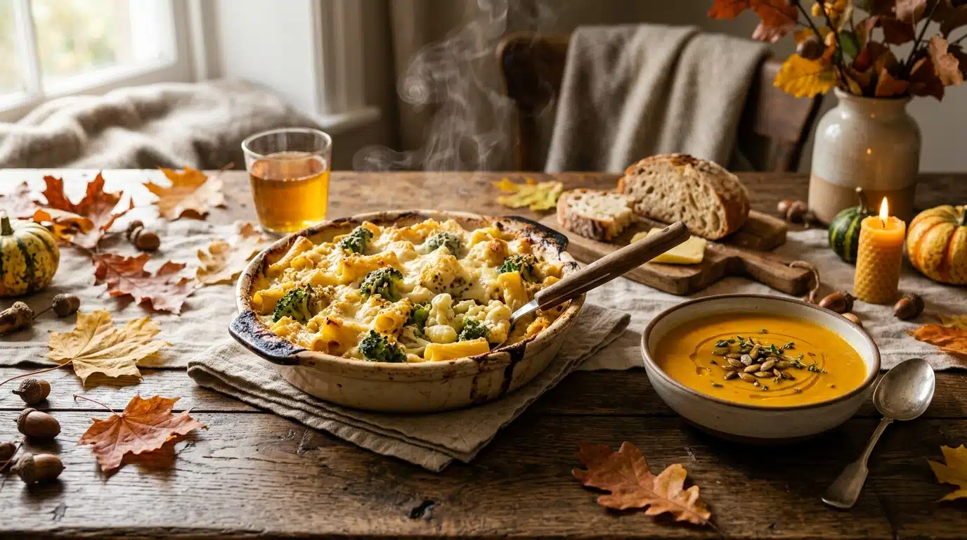 Gratin de pâtes doré et velouté de courge sur table en bois