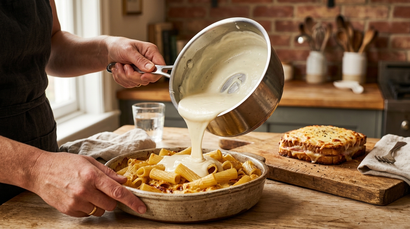 Mains versant une béchamel crémeuse sur des pâtes dans un plat