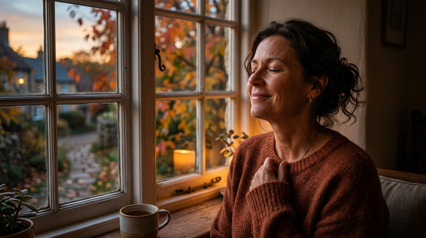 Portrait d'une personne soulagée près d'une fenêtre en automne