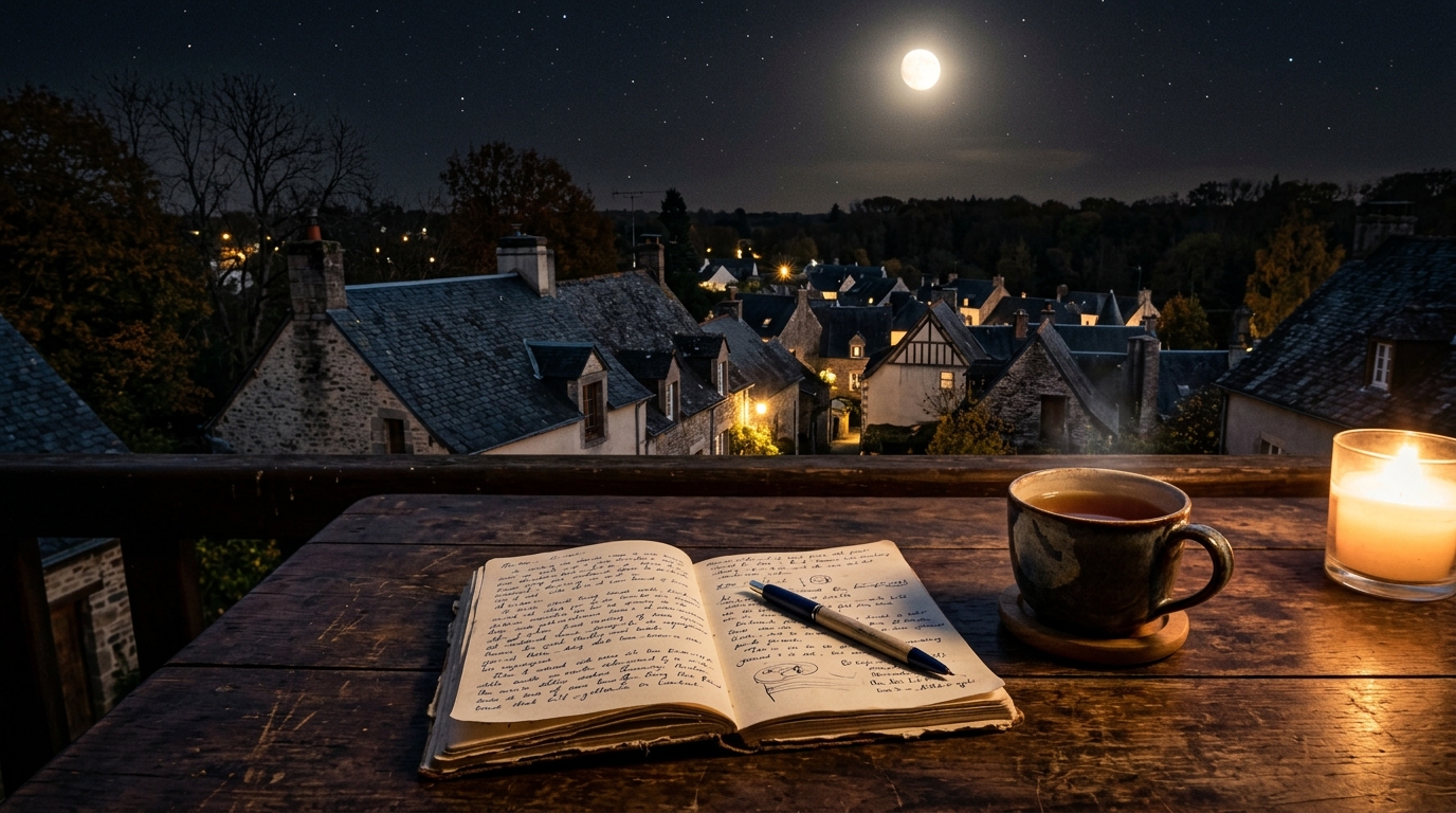 Ciel nocturne étoilé, carnet et tasse de thé sur table