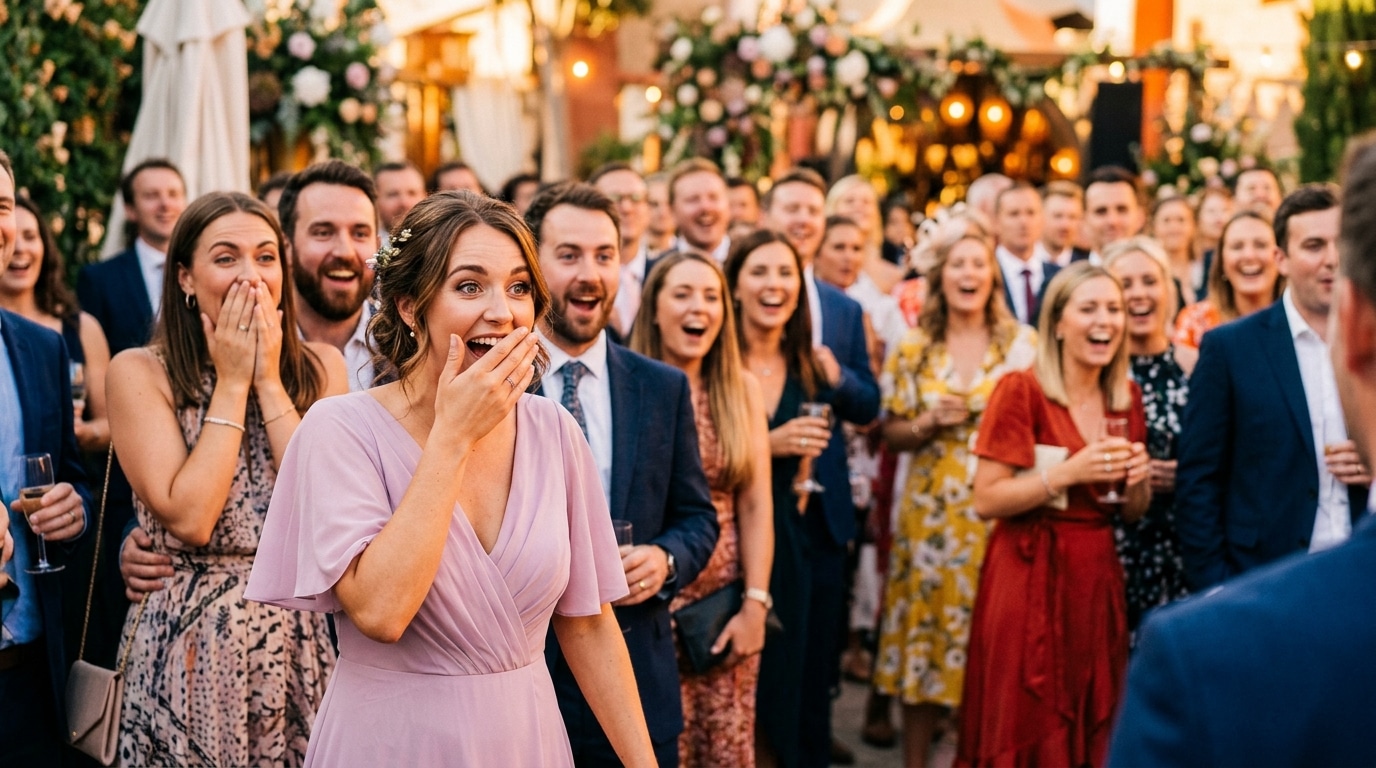 Invités surpris réagissant à une gaffe de mariage