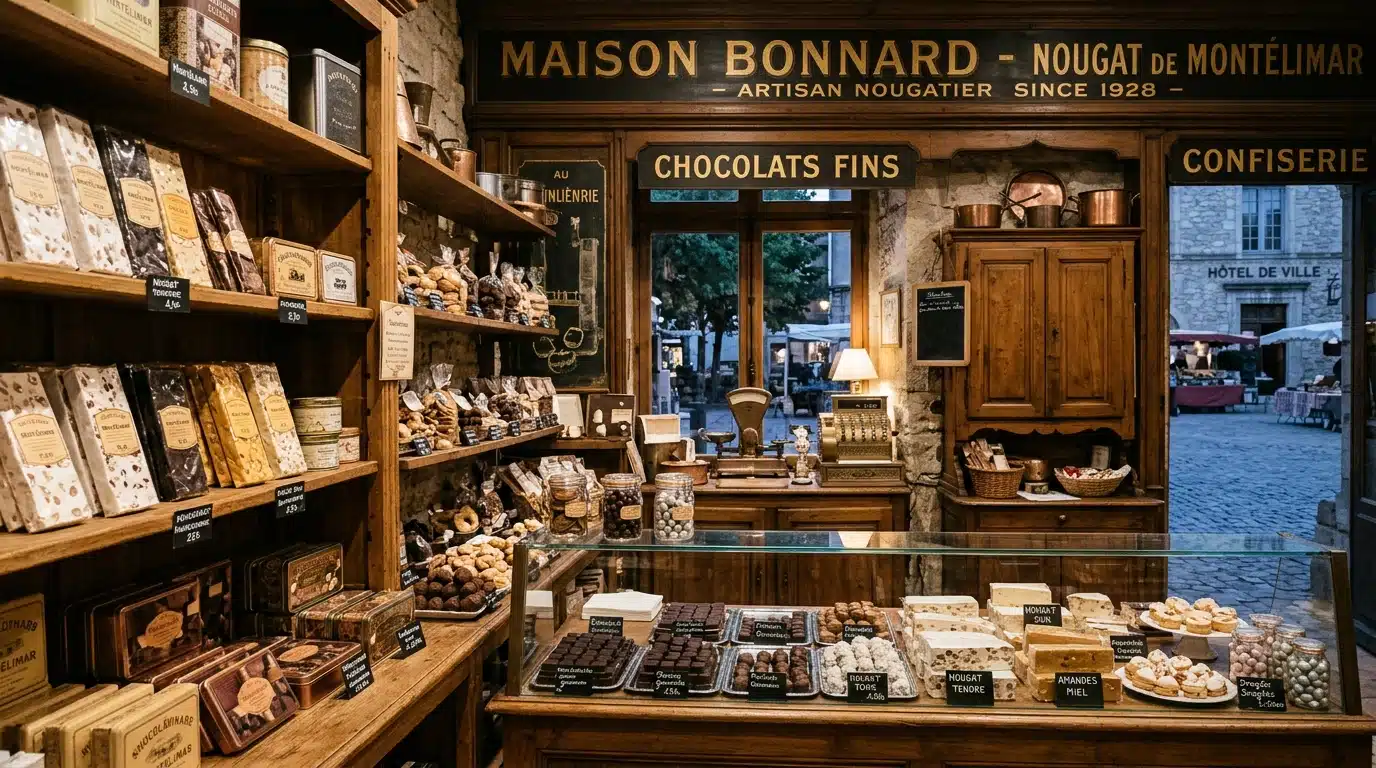 Une confiserie traditionnelle de Montélimar, évoquant la boutique familiale de nougat et de chocolat où Marianne James a grandi
