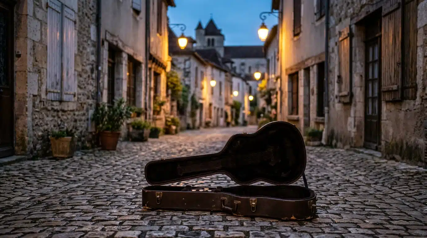 Un trottoir de petite ville et un étui de guitare ouvert, symbole des débuts de Marianne James chantant pour des passants pressés
