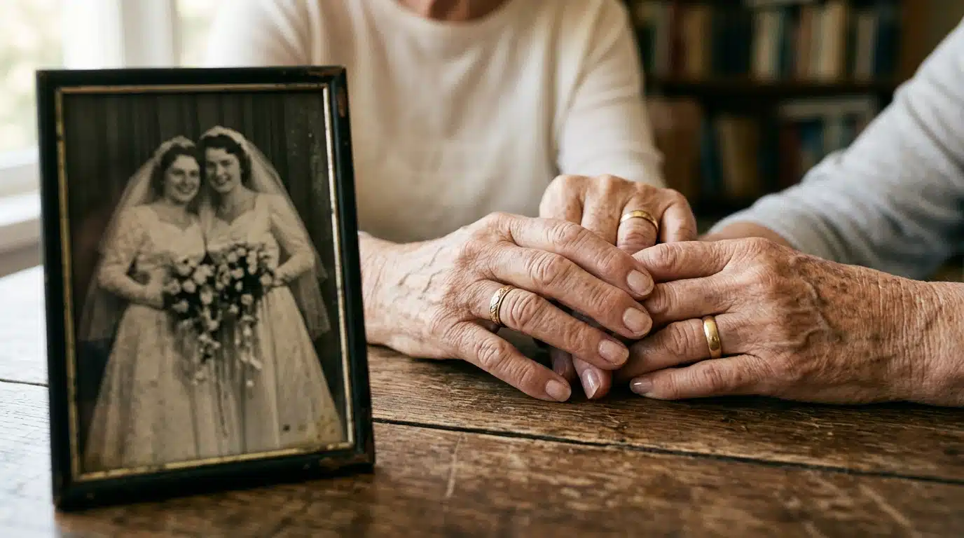 Mains âgées entrelacées avec alliances près d'une vieille photo de mariage