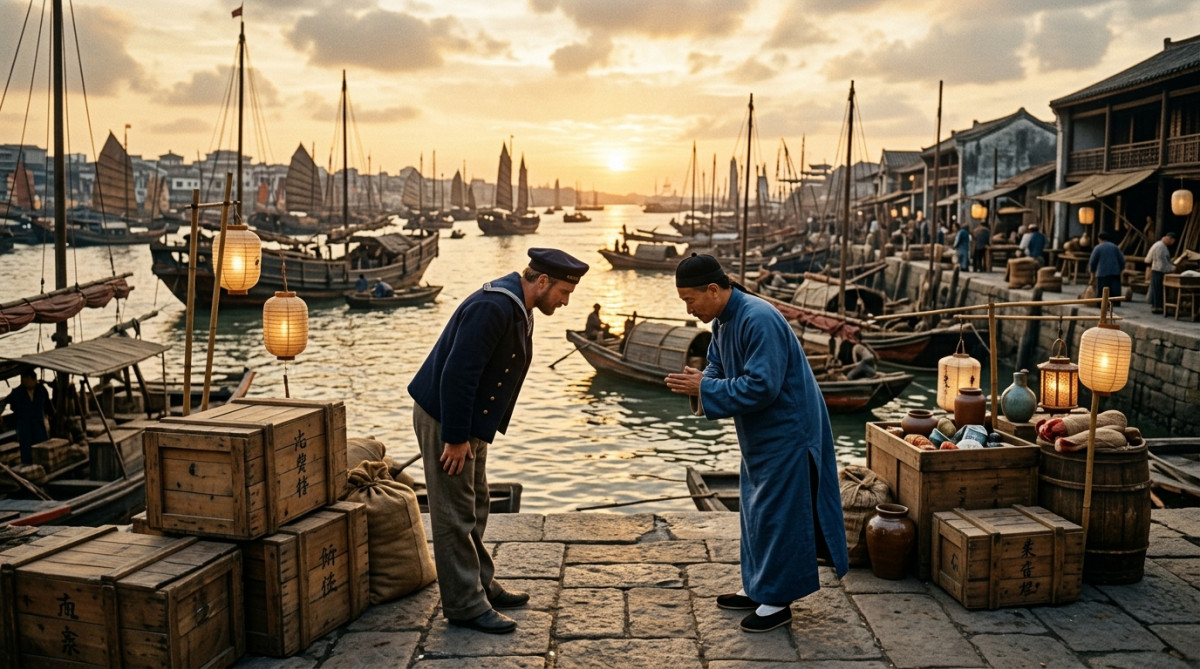 Marin européen saluant un marchand chinois dans le port de Canton