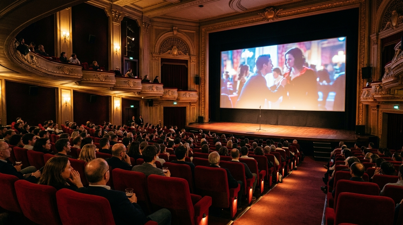 Salle de cinéma lors d'une avant-première avec scène et micro prêts pour l'échange avec l'équipe du film
