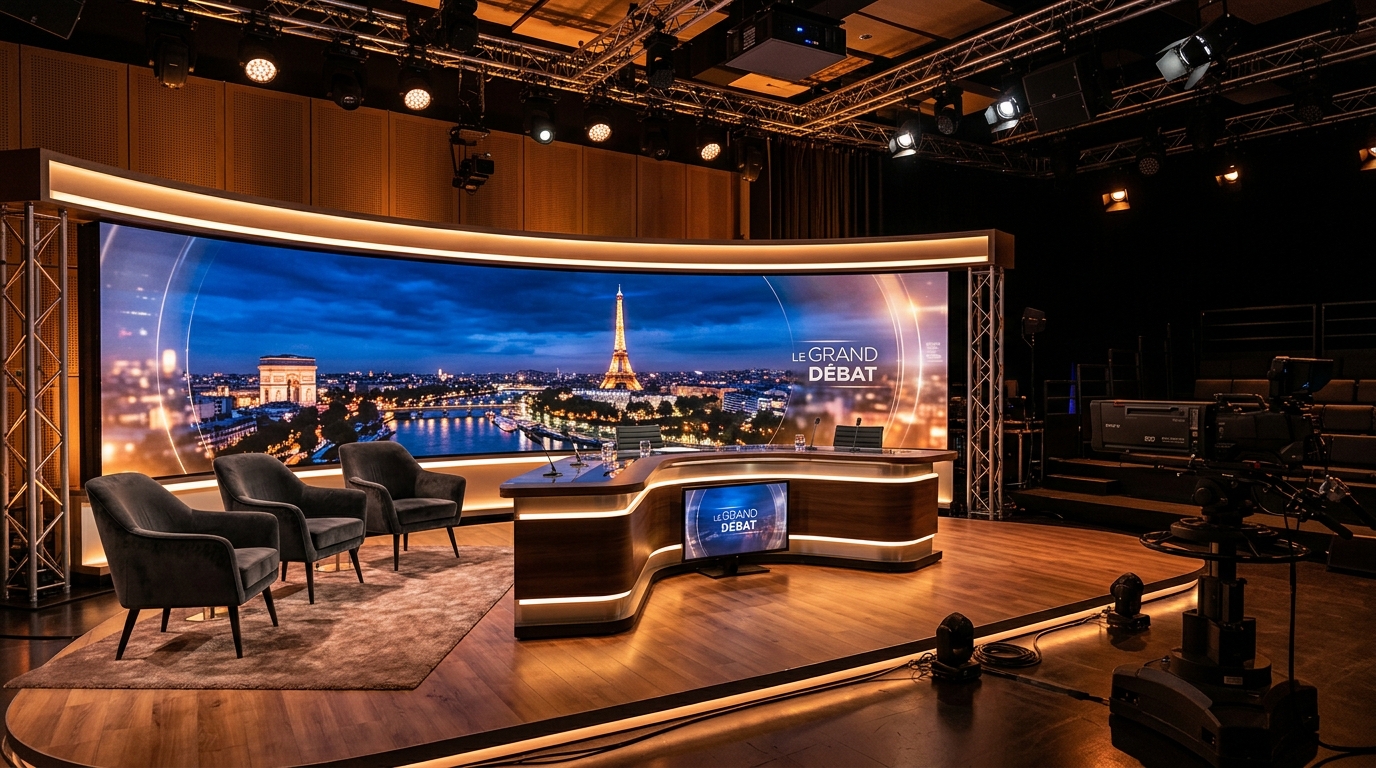 Plateau d'une émission télévisée de talk-show vide, avec fauteuils et décor lumineux