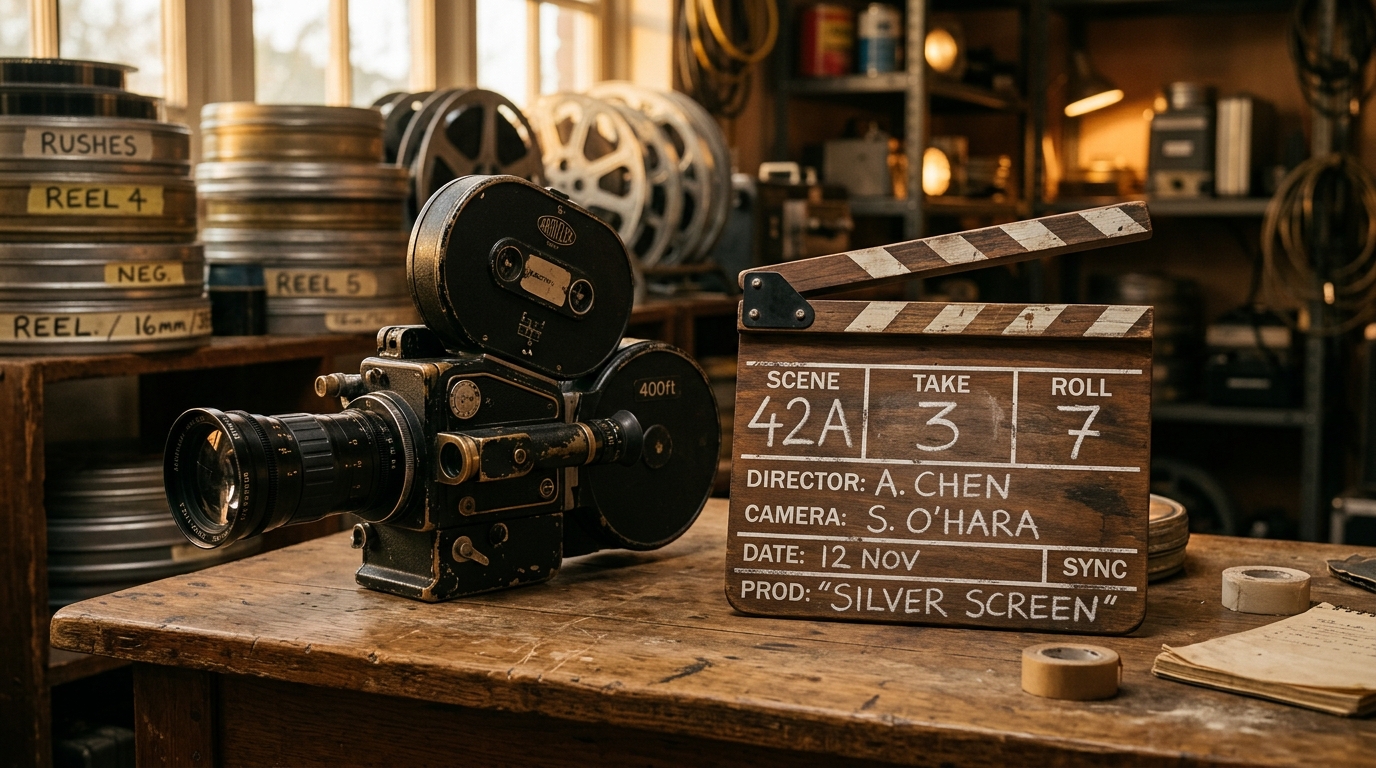 Clap de cinéma et caméra posés sur une table, symbole de dix-huit ans de films