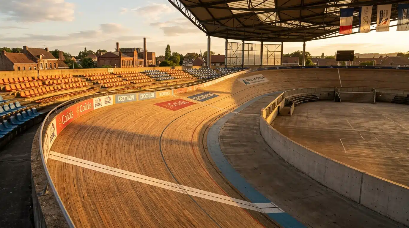 Vélodrome vide au coucher du soleil, symbole des années de vélo qui ont façonné le parcours de Marion Rousse
