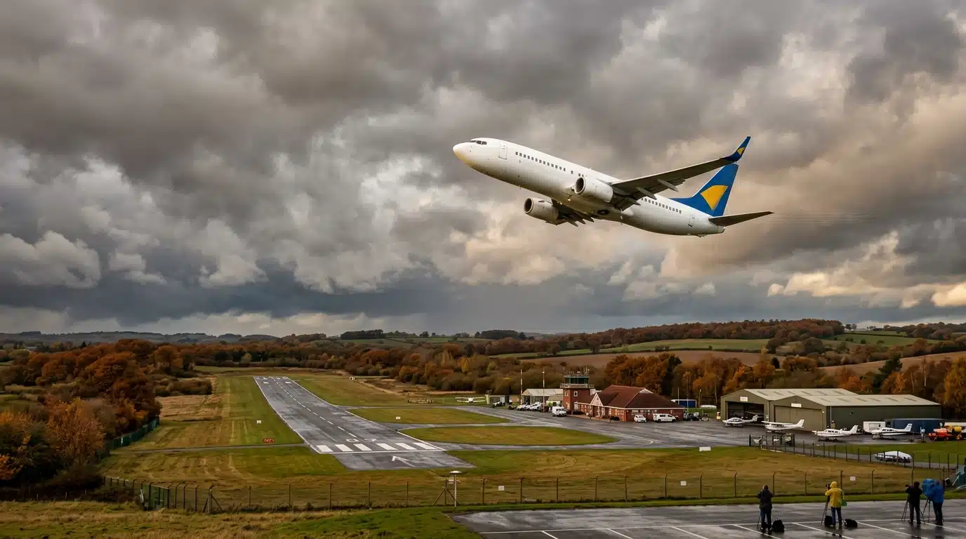 Avion de ligne virant sous un ciel d'orage