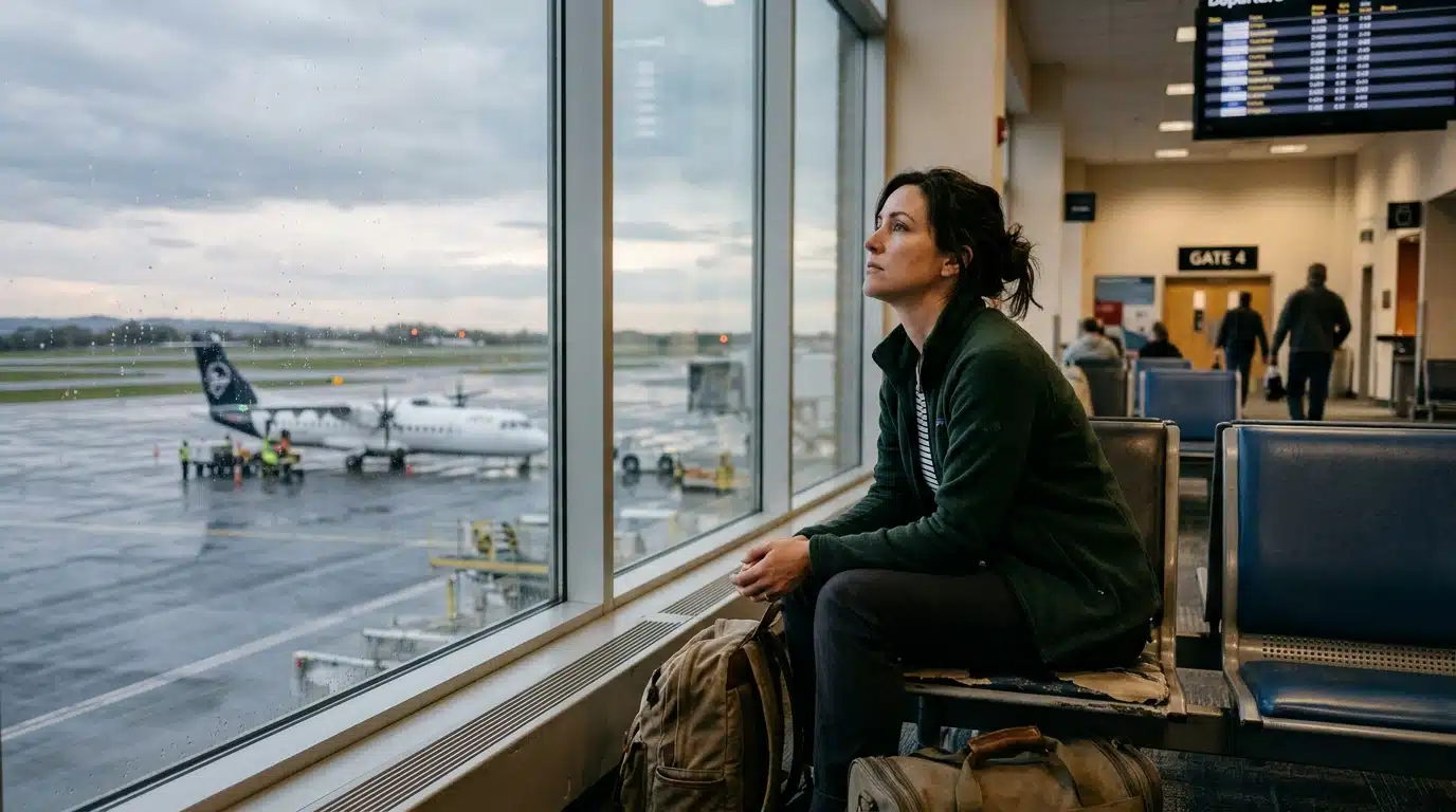 Voyageur patient regardant la piste depuis une salle d'attente