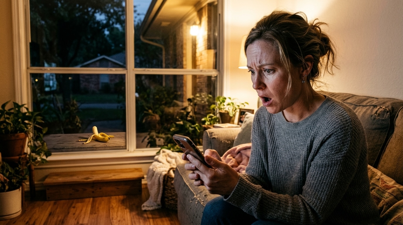 Adulte inquiet regardant son téléphone dans un salon de banlieue