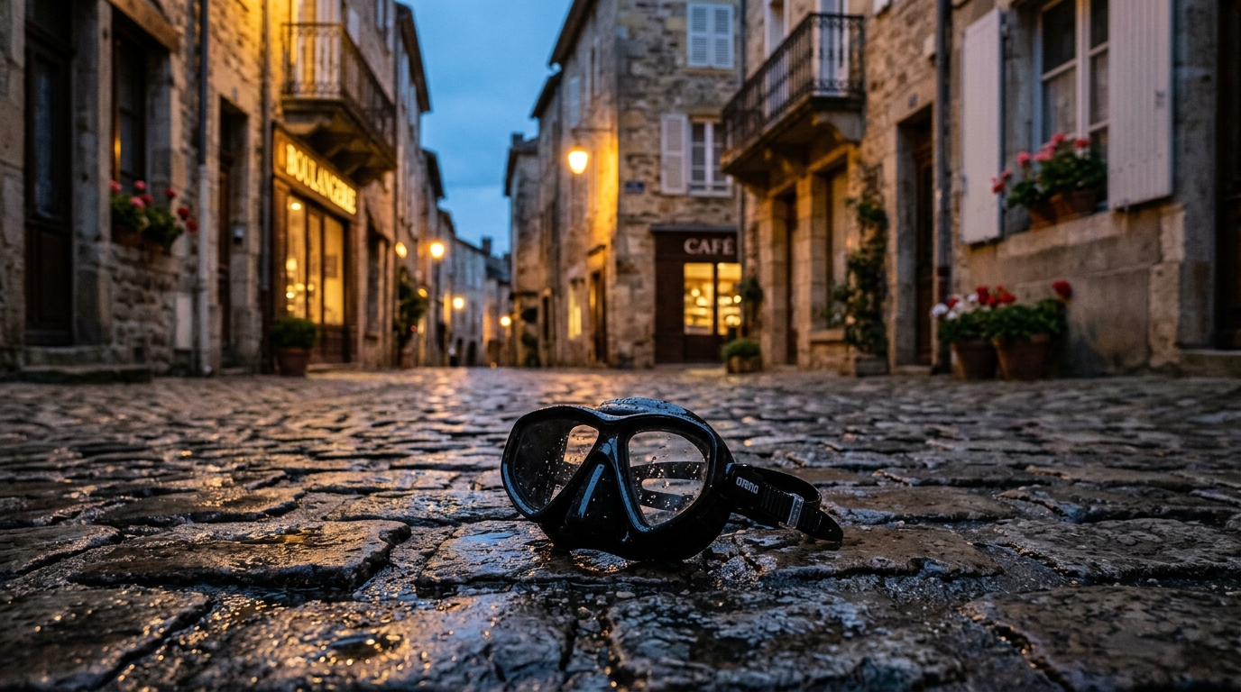 Lunettes de piscine posées sur le pavé d'une rue en ville