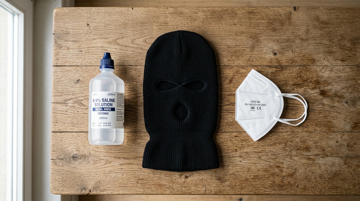 Masque de ski, flacon de sérum physiologique et masque FFP2 sur une table