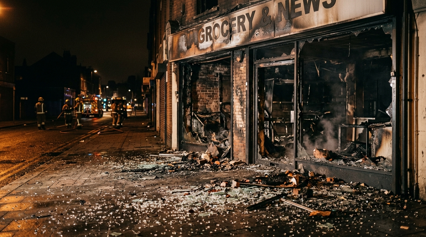 Devanture de magasin incendiée et vitres brisées sur le trottoir