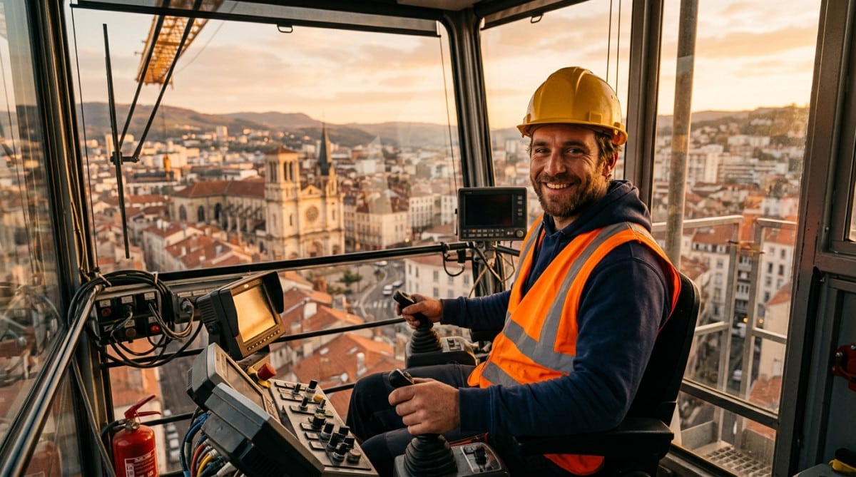 Mathis, conducteur de grue, souriant dans sa cabine
