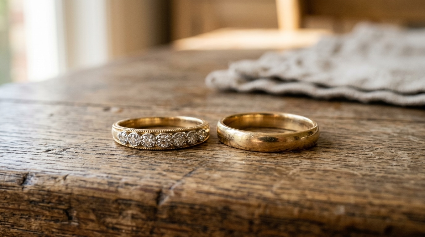 Bague ancienne ornée de petits diamants posée sur une table en bois à côté d'une alliance