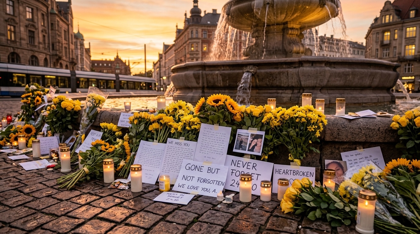 Fleurs et messages déposés en mémoire de l'acteur près d'une fontaine