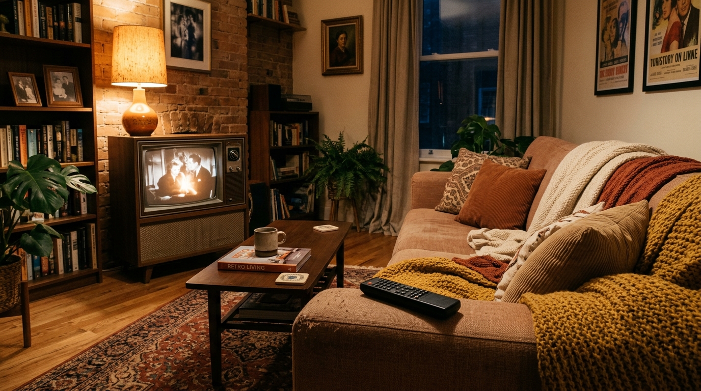 Salon chaleureux le soir avec télévision allumée et télécommande, ambiance nostalgique