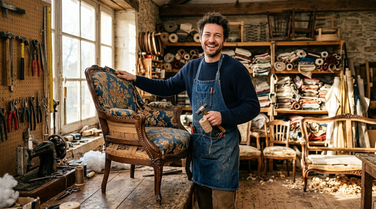 Maxime, tapissier d'ameublement, dans son atelier à Valence
