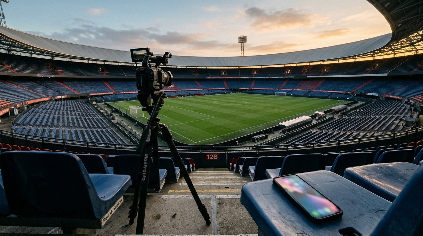 Stade de football vide avec caméra sur trépied