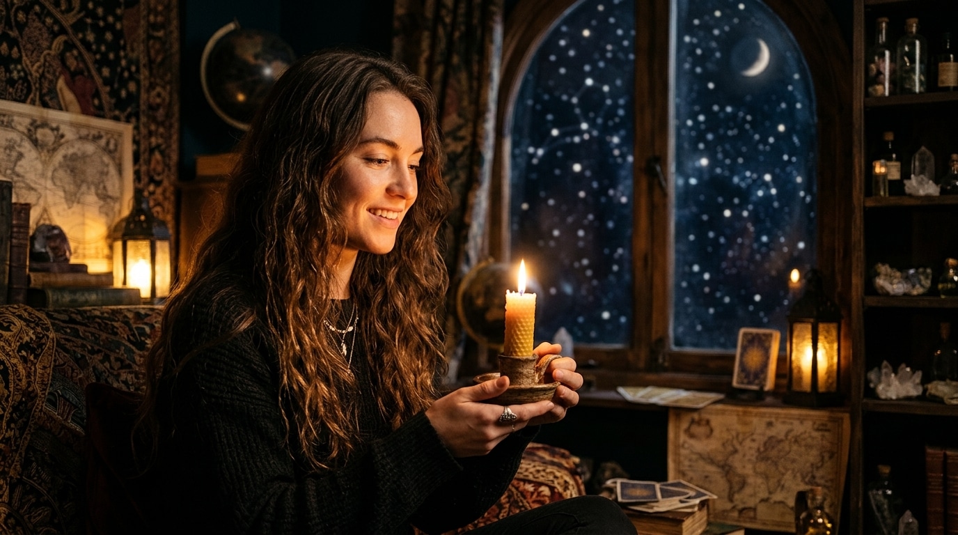 Femme à la bougie dans une ambiance mystique dorée