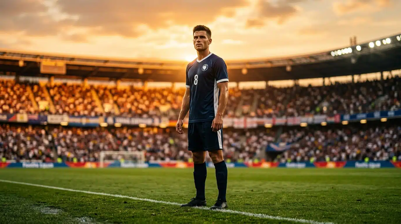 Footballeur confiant sur la pelouse au coucher du soleil