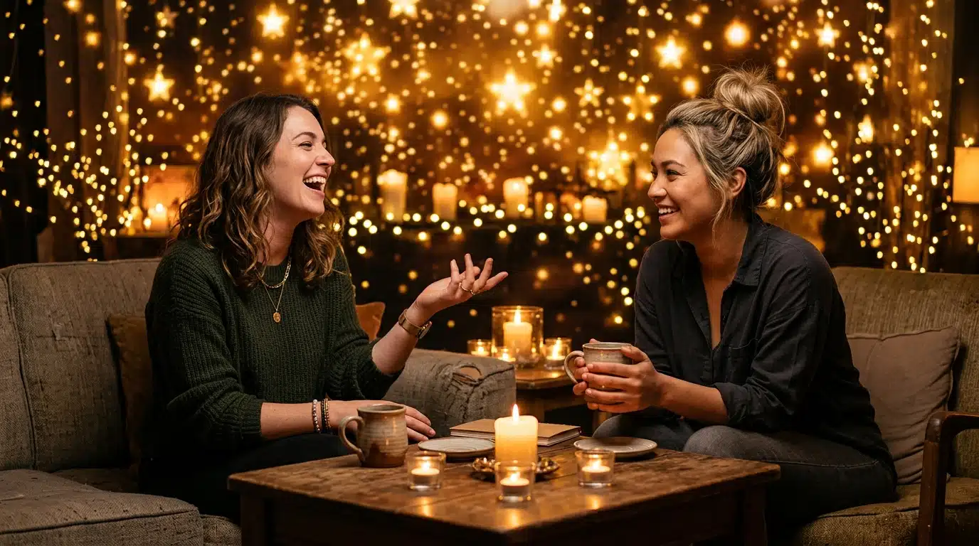 Deux amis discutant dans une ambiance mystique et lumineuse