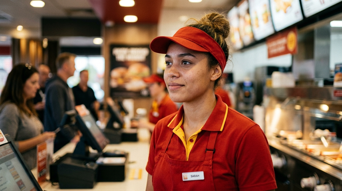 Équipier de restauration rapide pensif devant le comptoir
