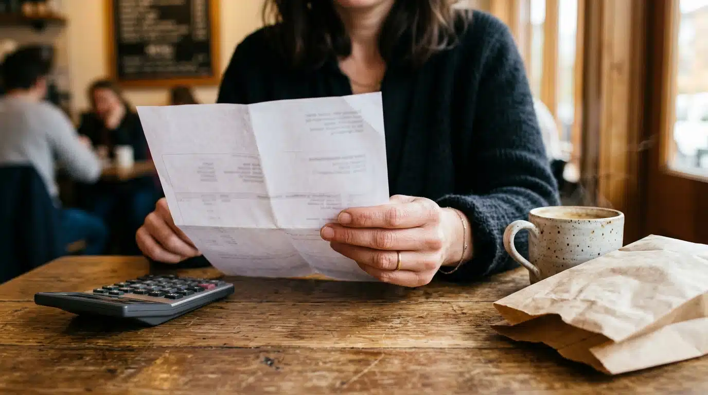 Mains tenant une fiche de paie près d'une calculatrice