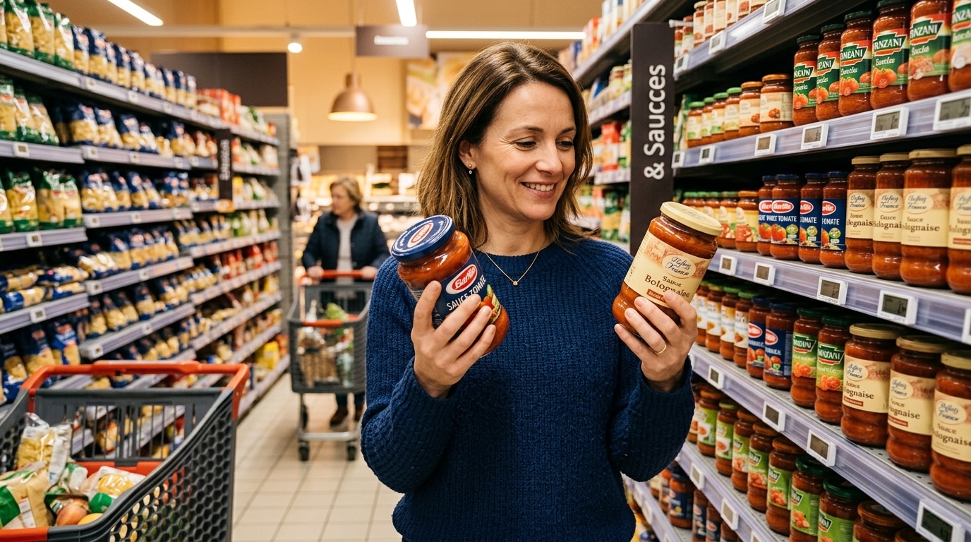 Femme comparant deux sauces en rayon de supermarché